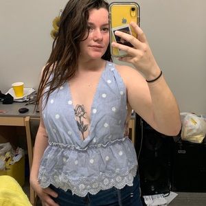 Blue vneck ruffle tank top